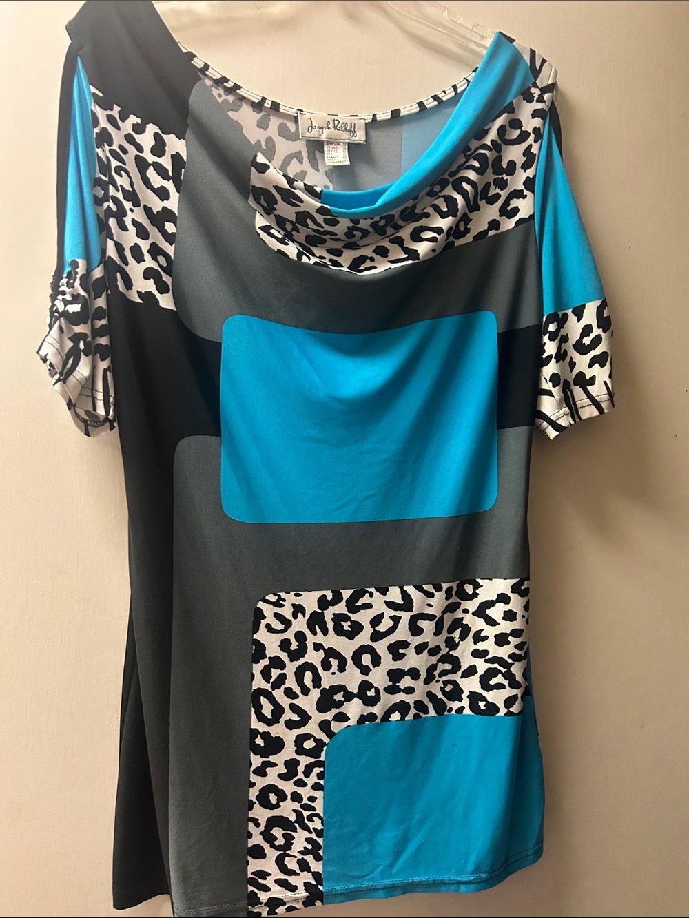 Joseph Ribkoff Turquoise, Black & White Leopard-Print Cowl Neck Tunic